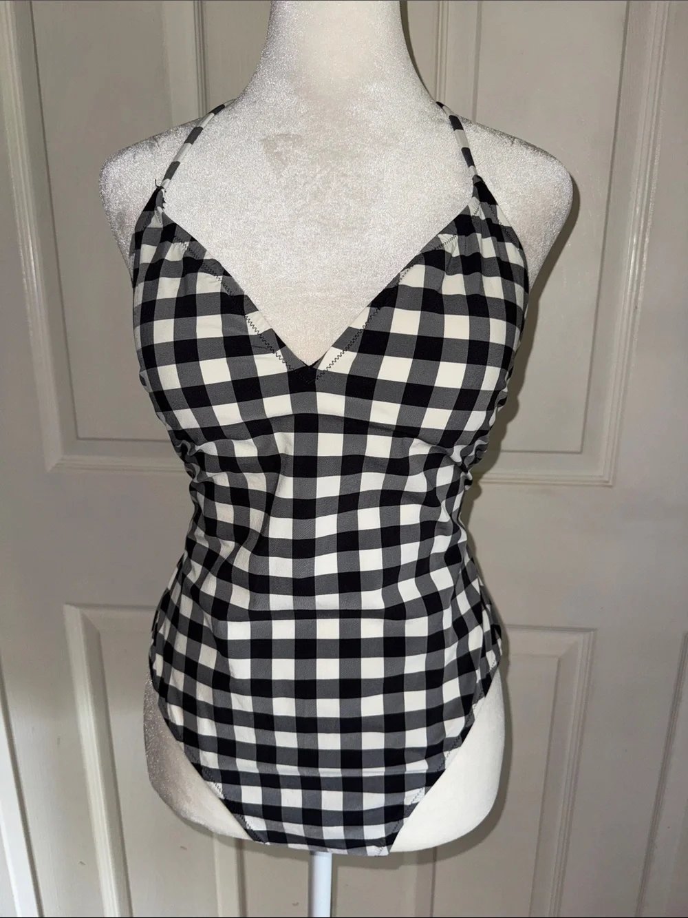 J. Crew Black And White Gingham Criss Cross Back Strap One Piece Swimsuit